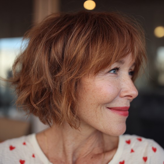 Playful Tousled Copper Bob with Soft Bangs