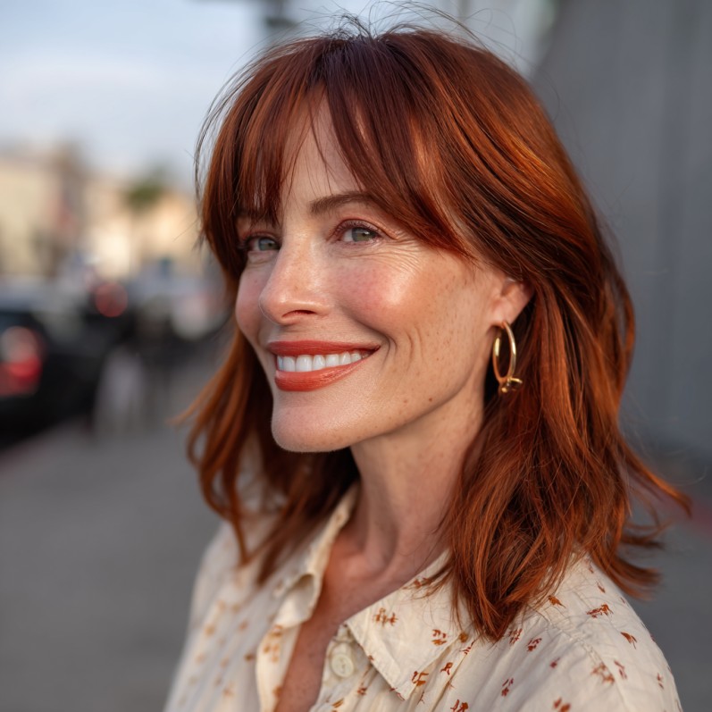 Radiant Copper Lob with Effortless Long Bangs