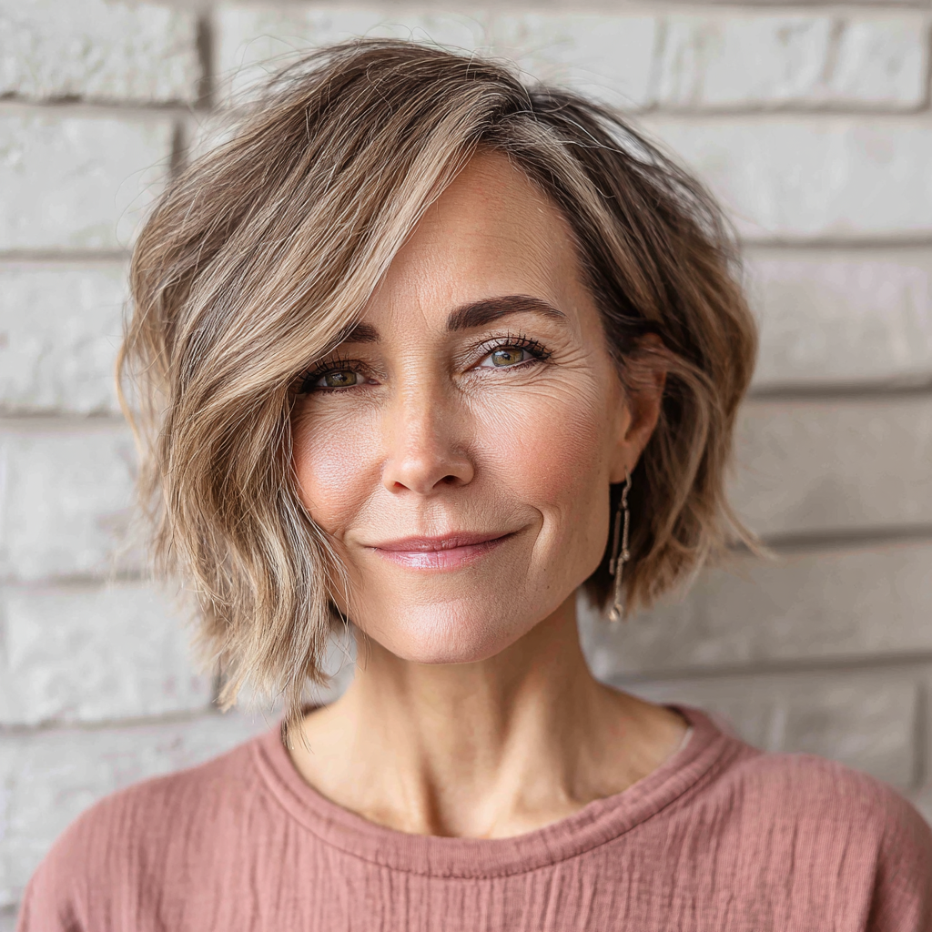 Soft Textured Asymmetrical Bob with Warm Highlights