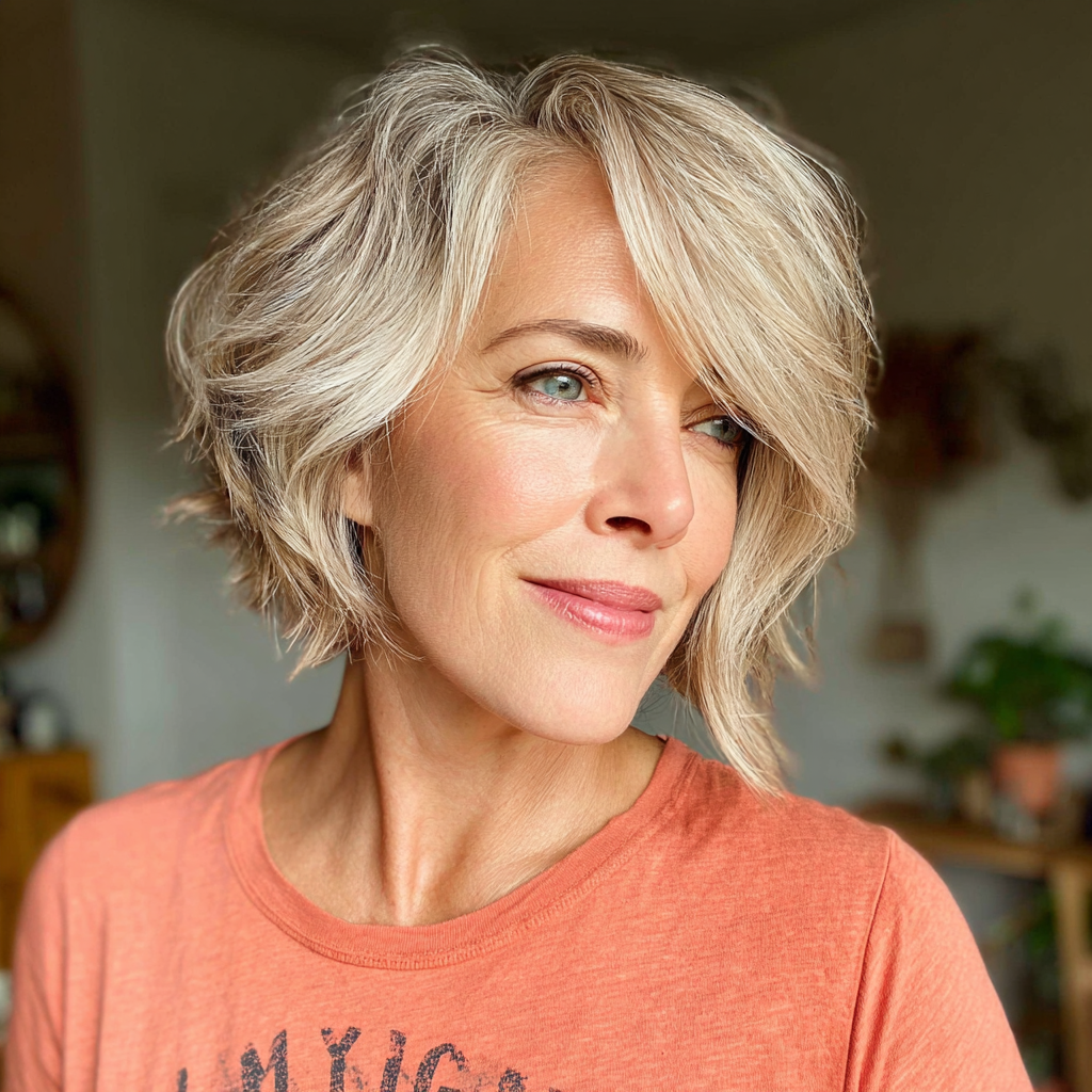 Softly Layered Asymmetrical Bob with Light Blonde Highlights