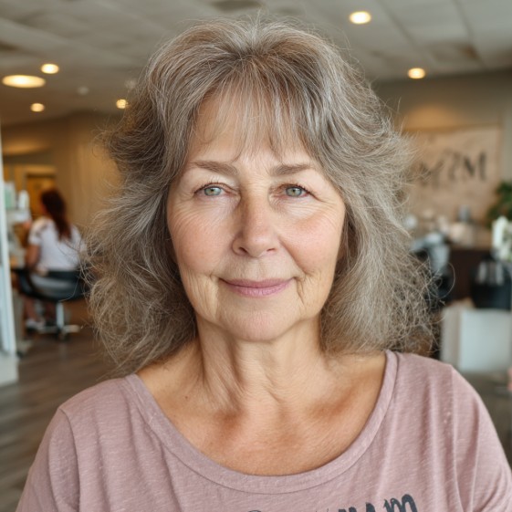 Softly Layered Silver Waves with Face-Framing Bangs