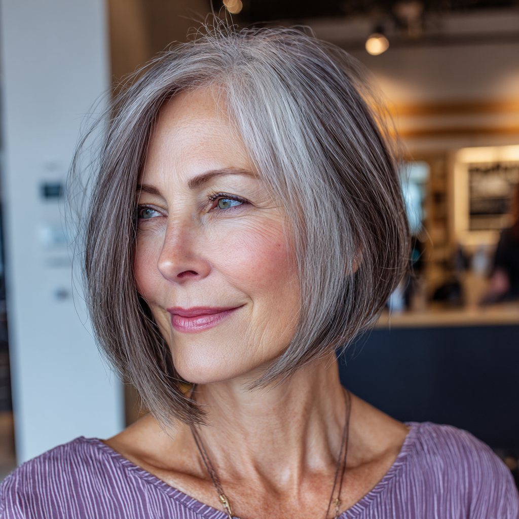 Softly Textured Asymmetrical Bob with Subtle Gray Highlights