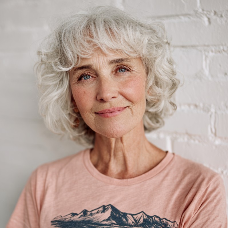 Softly Textured Curly Silver Lob with Playful Volume