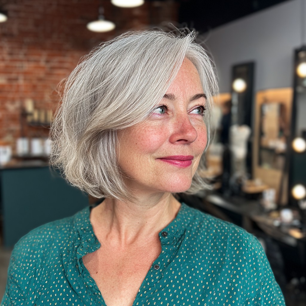 Softly Textured Grey Bob with Long Front Layers