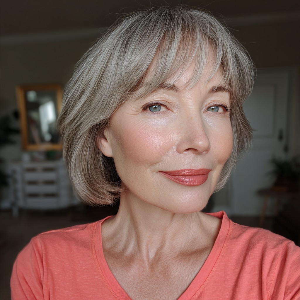 Softly Textured Grey Bob with Subtle Bangs