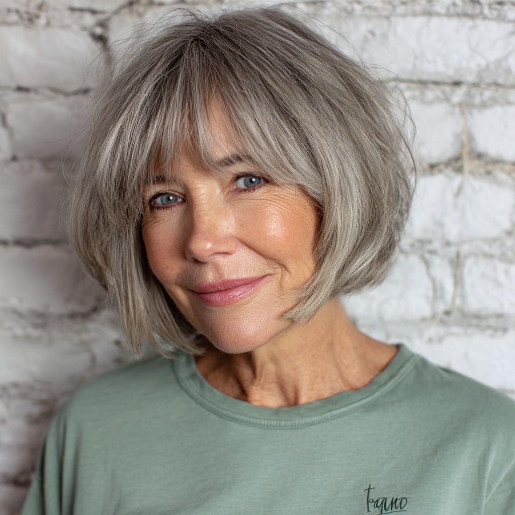 Softly Textured Rounded Bob with Wispy Bangs