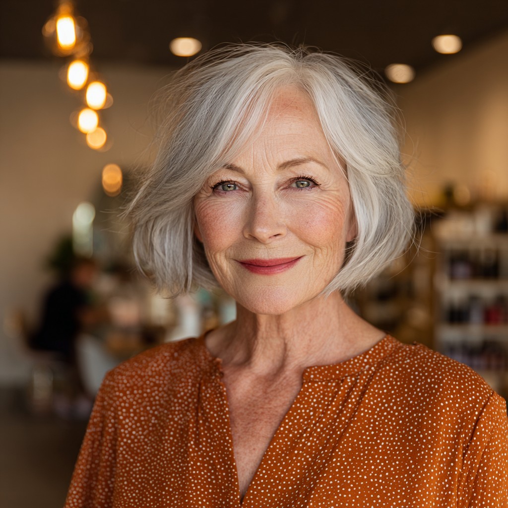 Softly Textured Silver Lob with Wispy Bangs