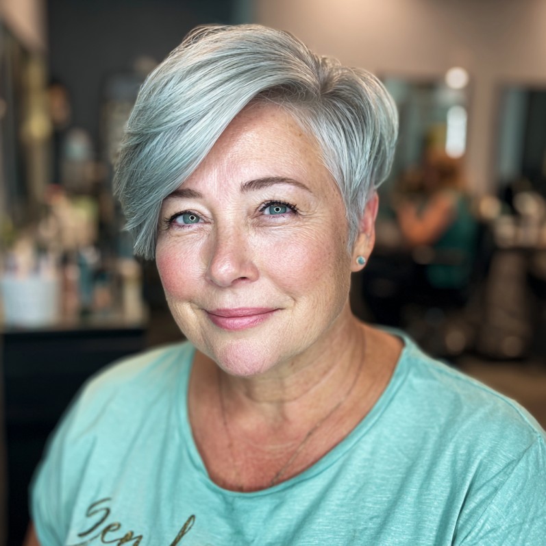 Stylish Silver Pixie Cut with Soft Volume and Side-Swept Bangs