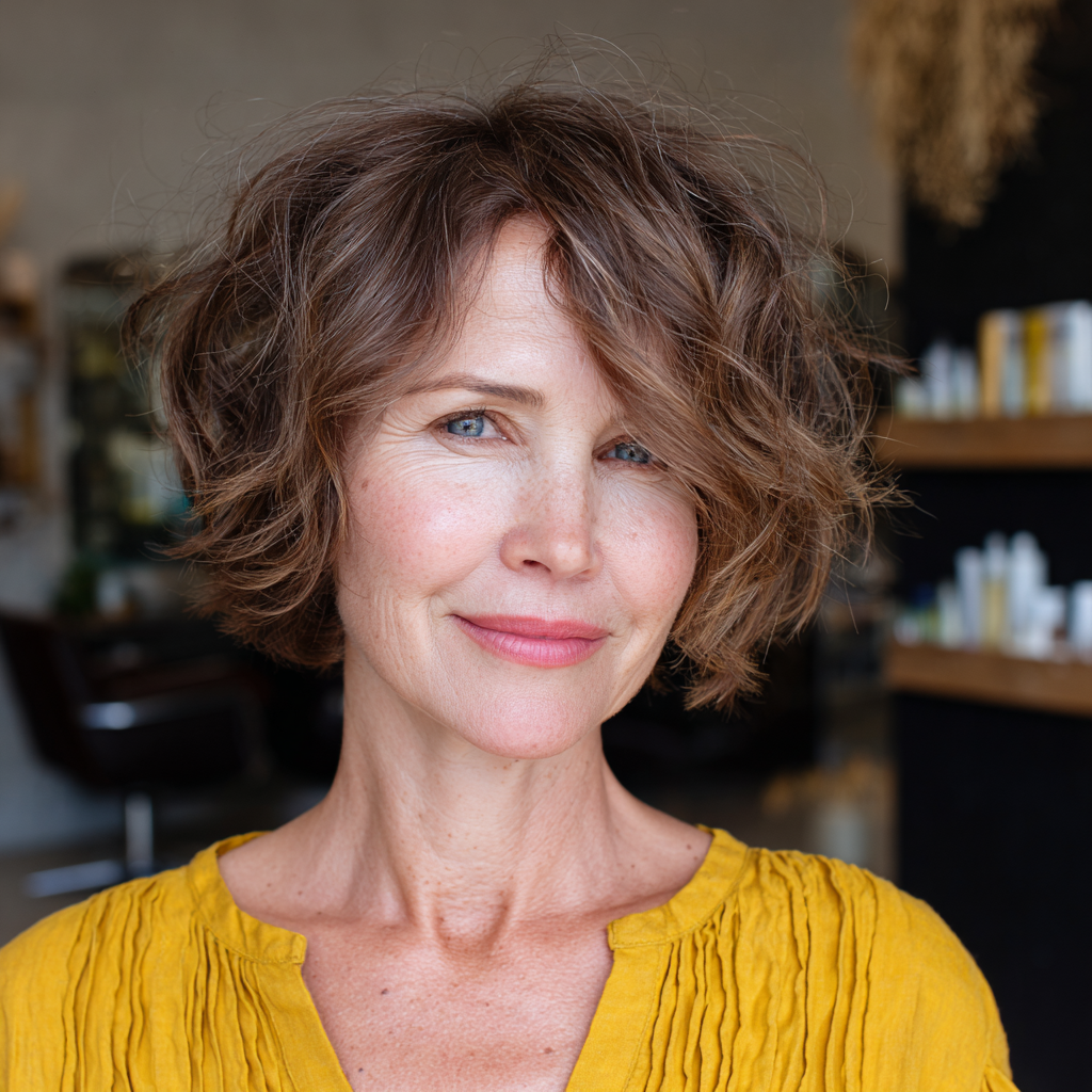 Textured Asymmetrical Bob with Soft Curls
