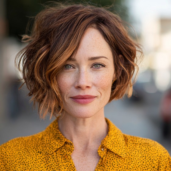 Textured Auburn Asymmetrical Bob with Soft Waves