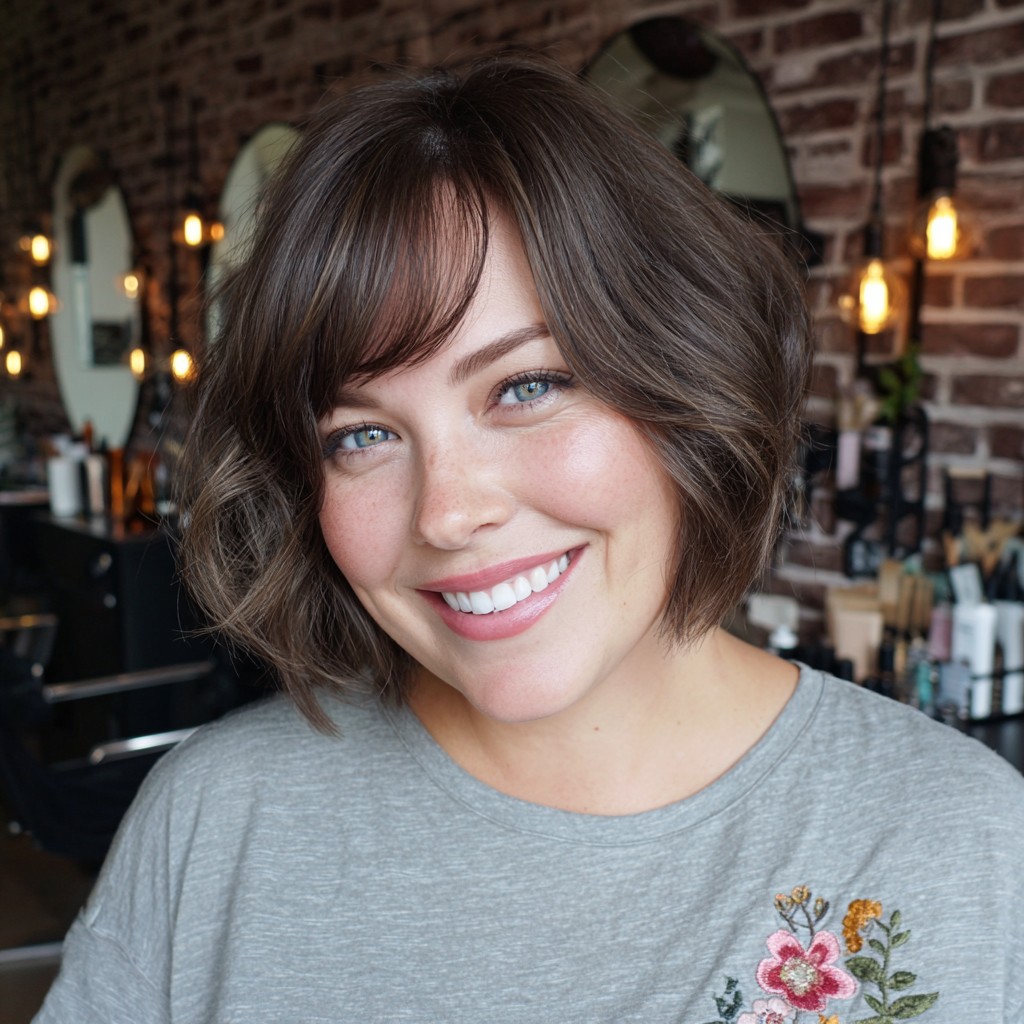 Textured Bob with Soft Bangs and Warm Highlights