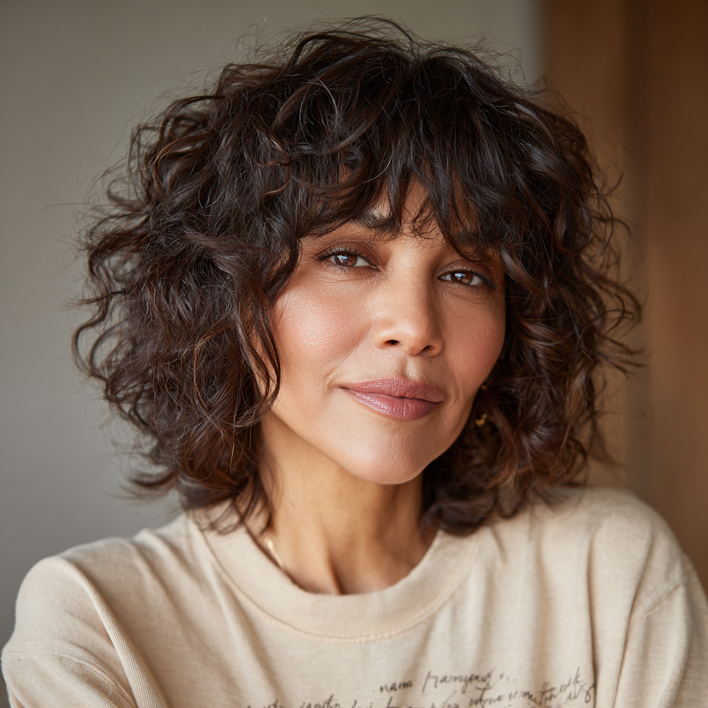 Textured Curly Bob with Soft Long Bangs