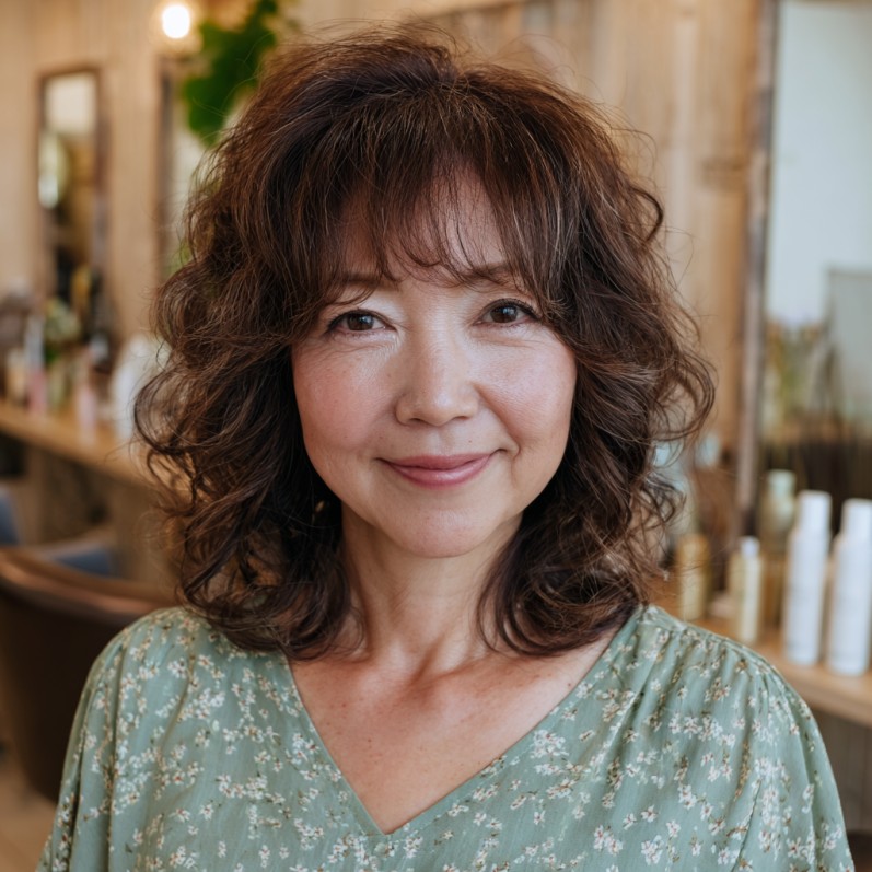 Textured Curly Lob with Long Bangs
