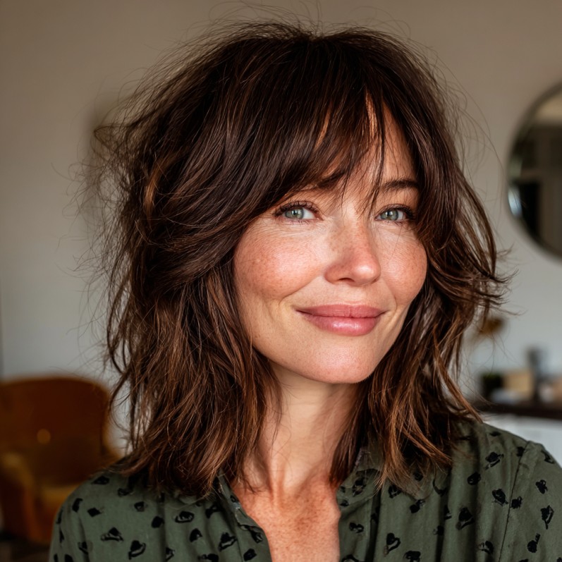 Textured Lob with Long Bangs and Natural Movement