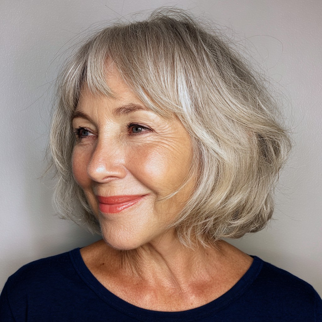 Textured Soft Grey Bob with Wispy Bangs