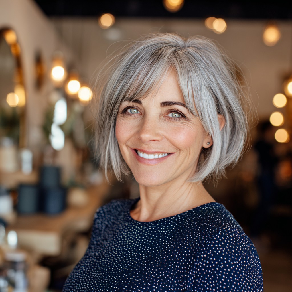 Trendy Textured Silver Bob with Soft Bangs
