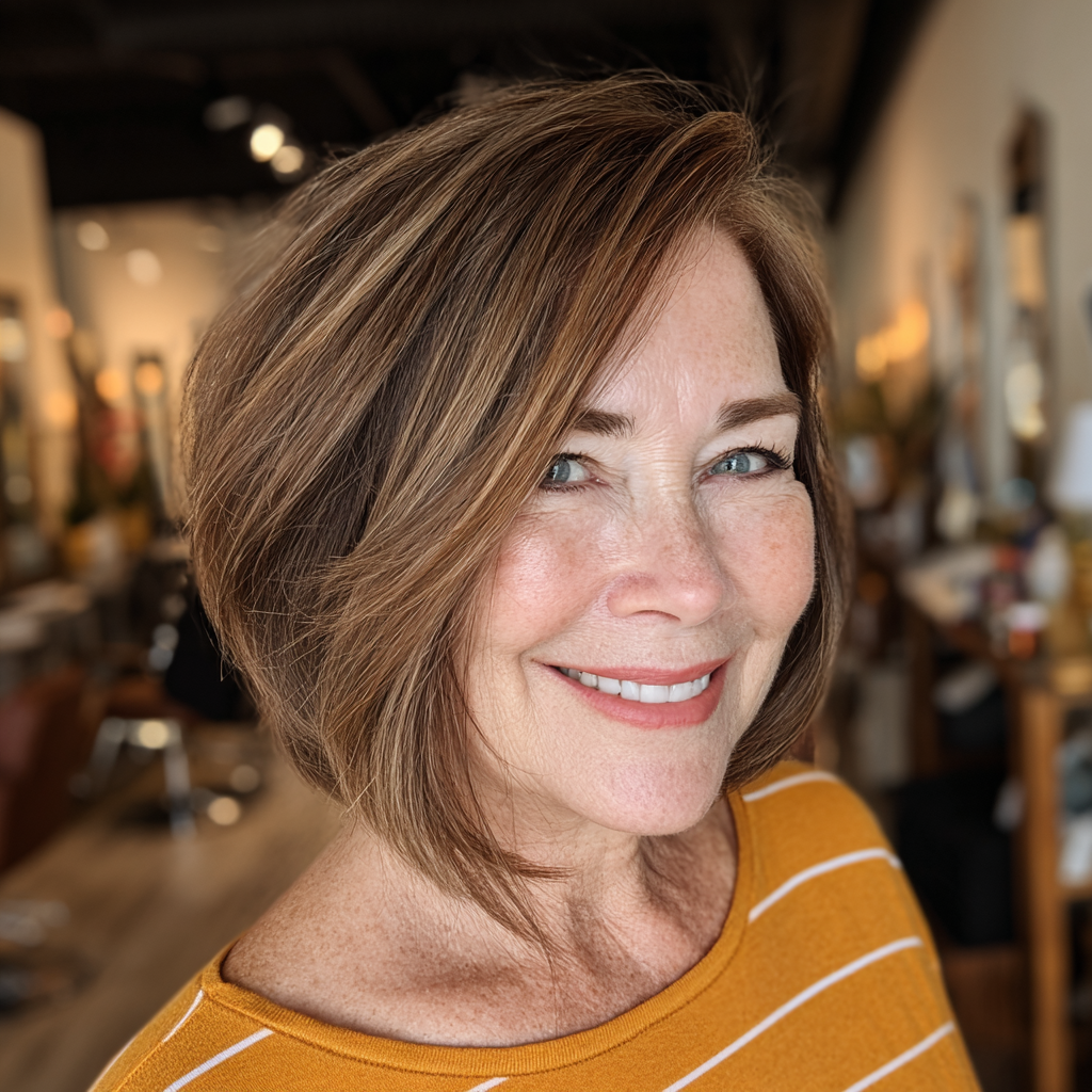 Warm Chestnut Asymmetrical Bob with Subtle Layers