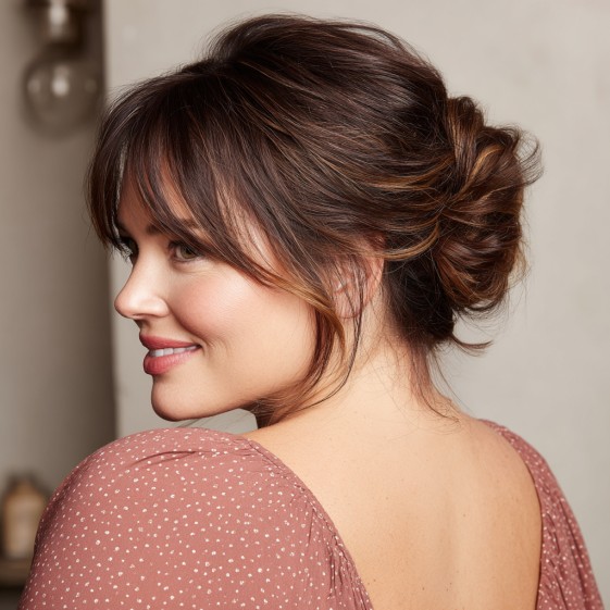 Chic Loose Low Bun with Soft Face-Framing Bangs