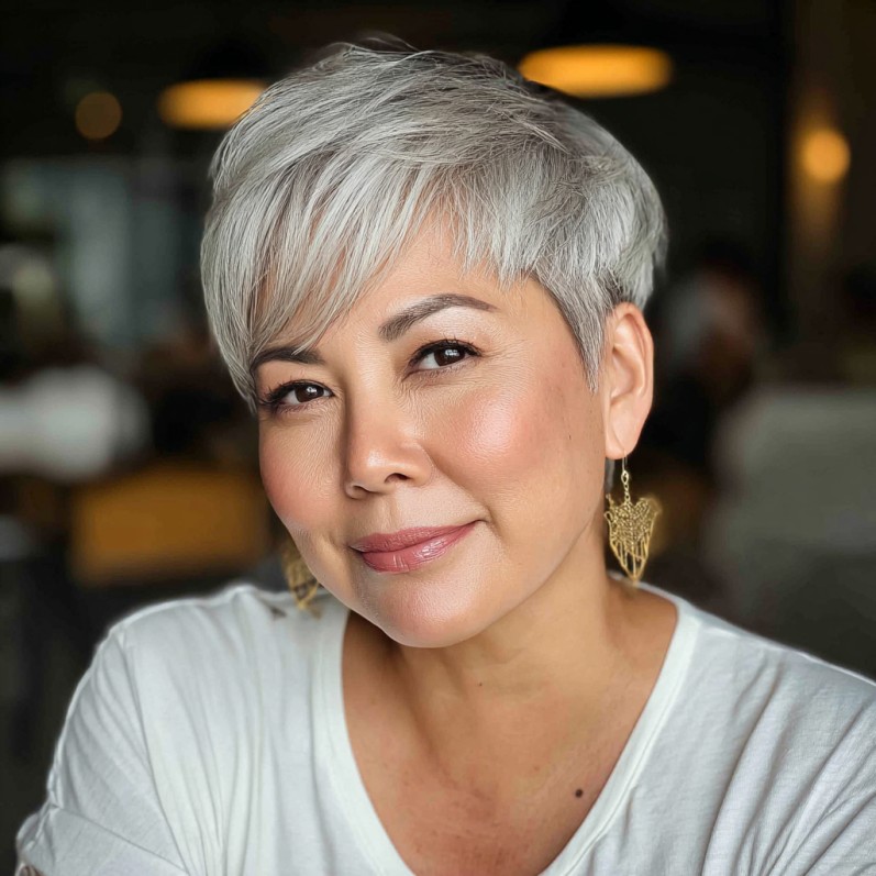 Chic Silver Pixie Cut with Wispy Bangs
