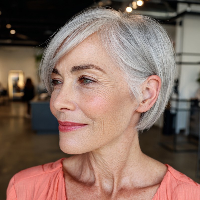 Chic Silvery Bixie with Side-Swept Bangs