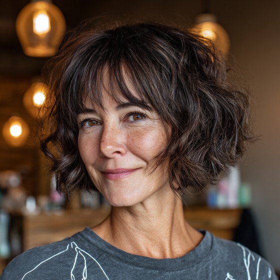 Chic Tousled Curly Bob with Soft Bangs