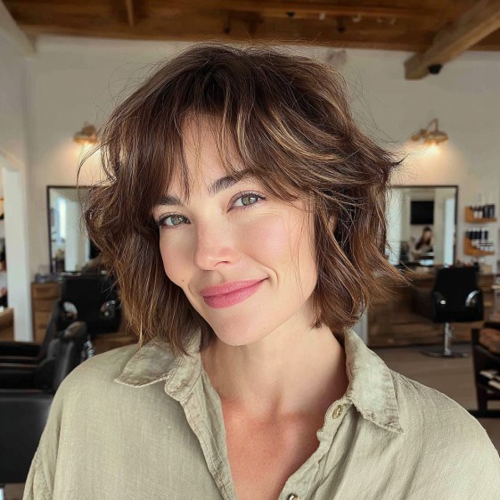Effortlessly Chic Shaggy Bob with Textured Bangs