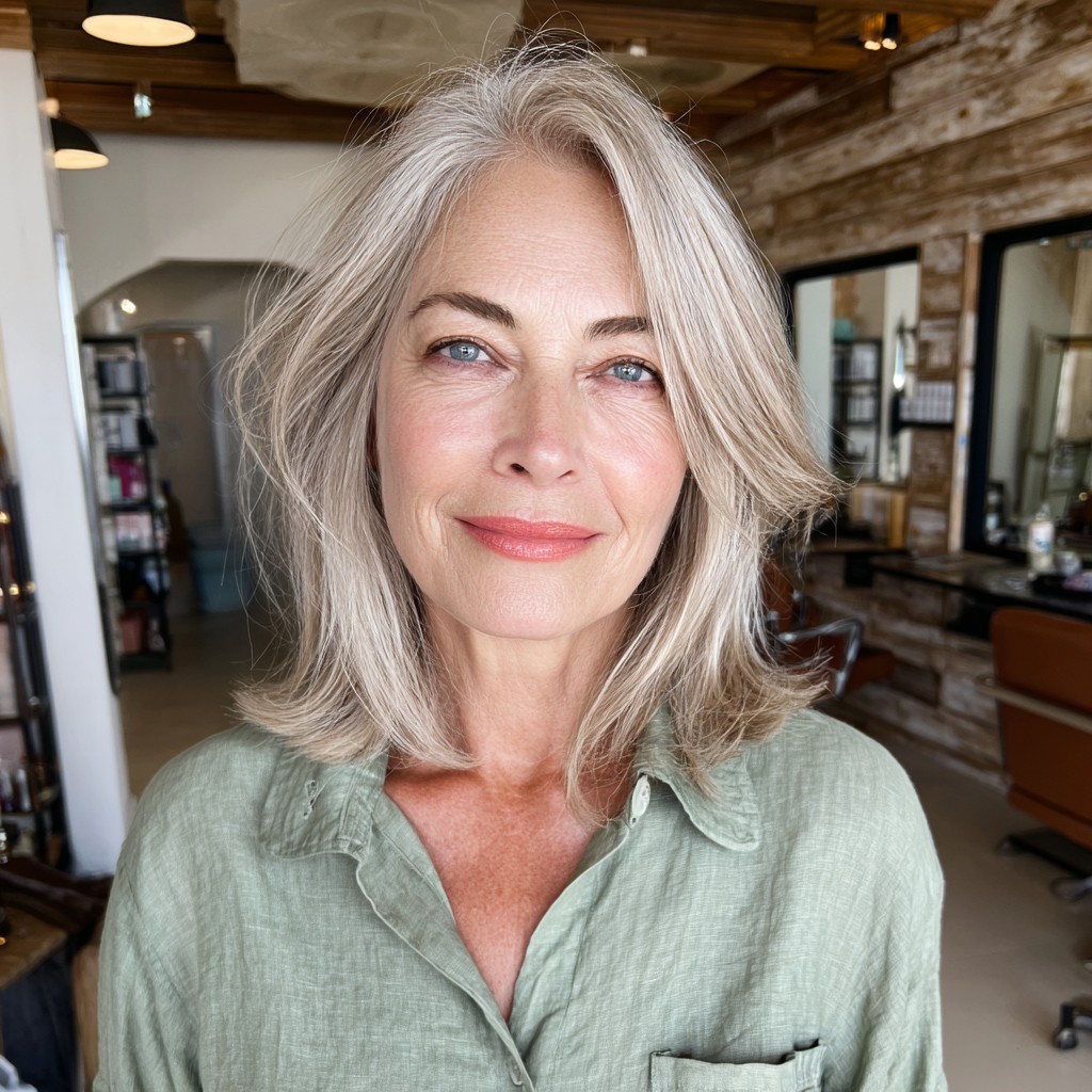 Elegant Soft Layered Silver Cut with Face-Framing Highlights