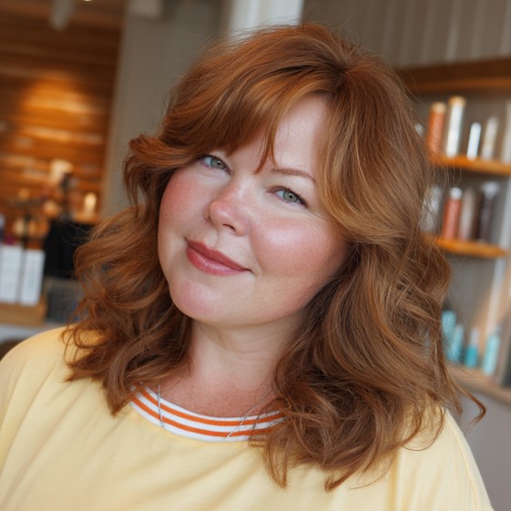 Soft Layered Copper Waves with Face-Framing Bangs