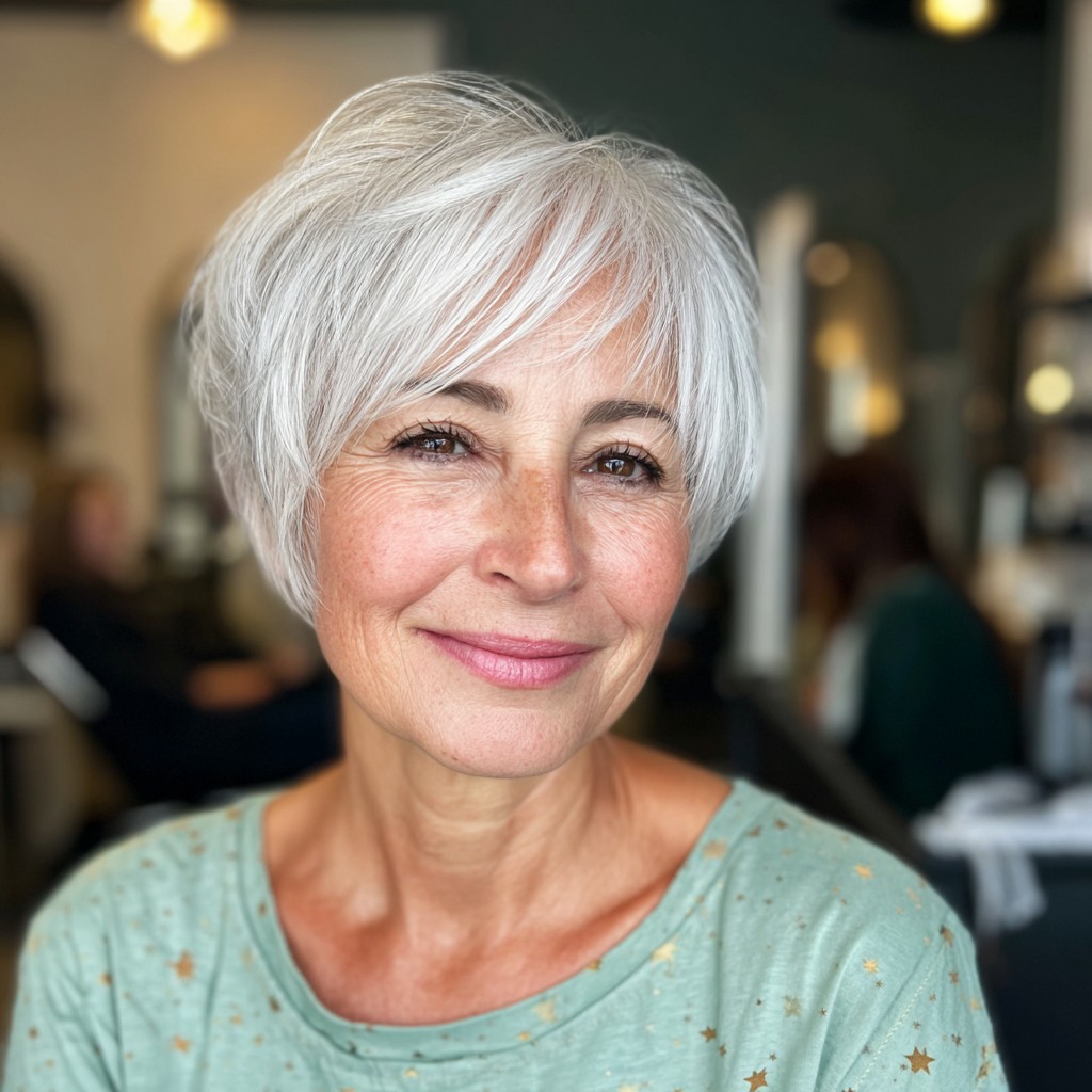 Softly Layered Silver Pixie Cut with Wispy Bangs