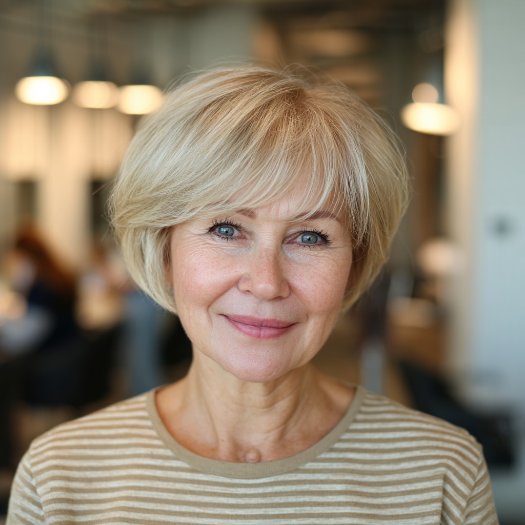 Softly Textured Blonde Bob with Wispy Bangs