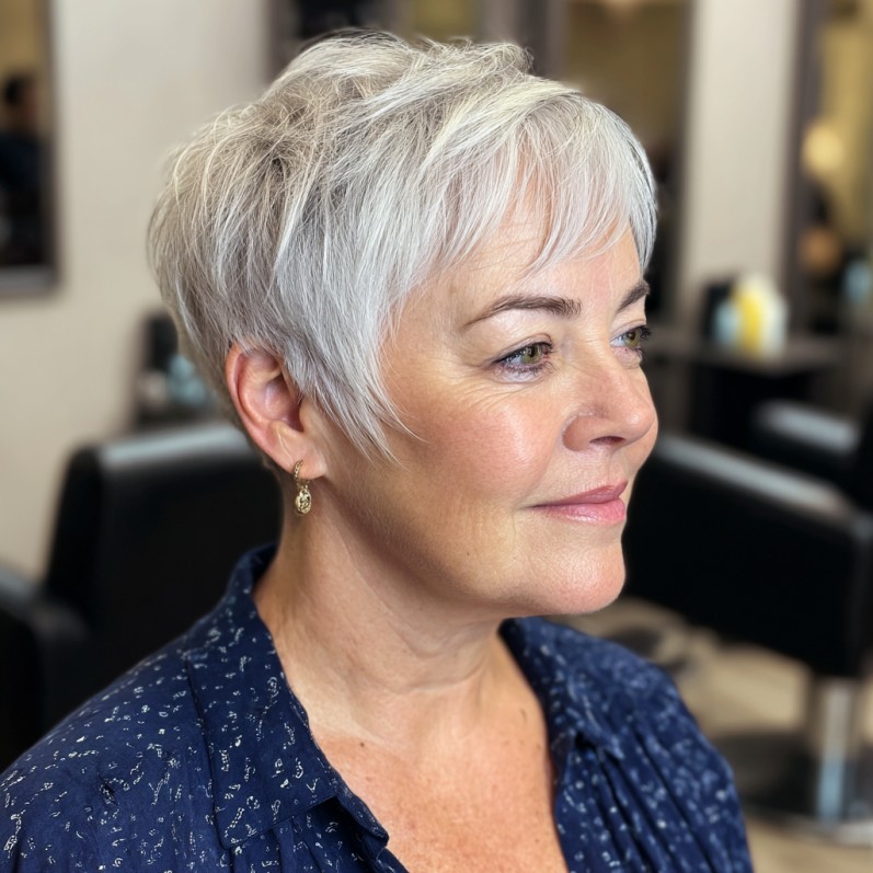 Softly Textured Silver Pixie Cut with Wispy Layers