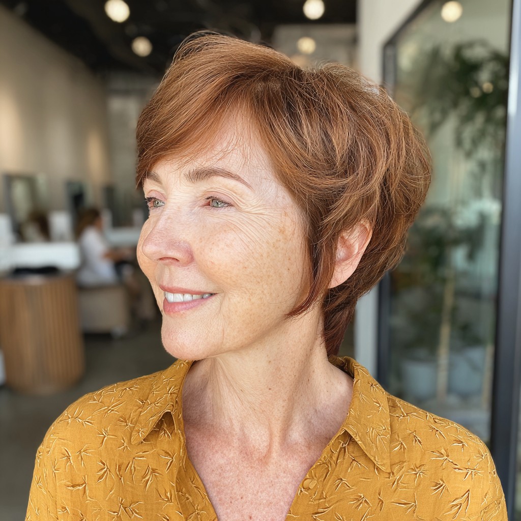 Textured Copper Pixie Cut with Side-Swept Bangs