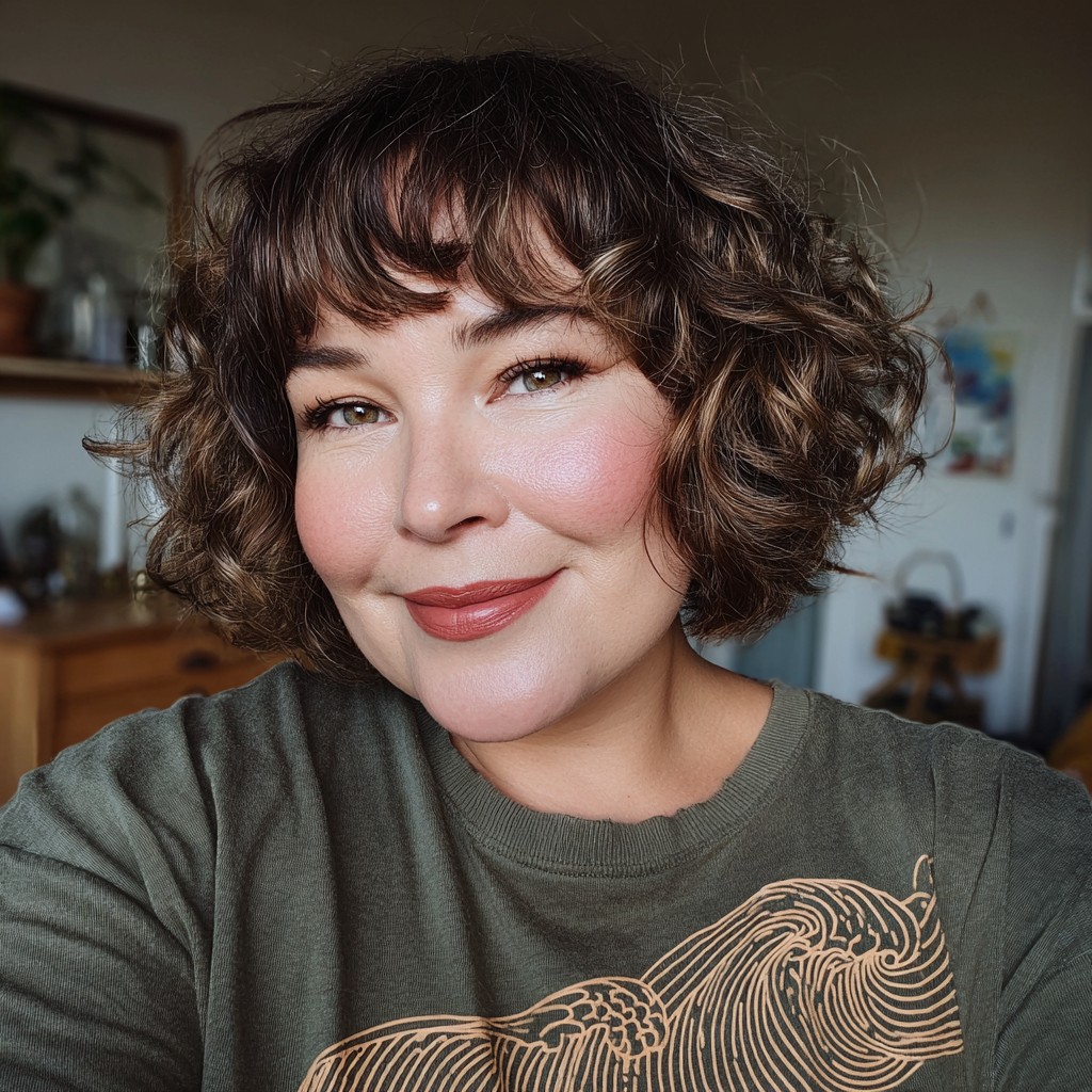 Textured Curly Wedge Bob with Soft Bangs