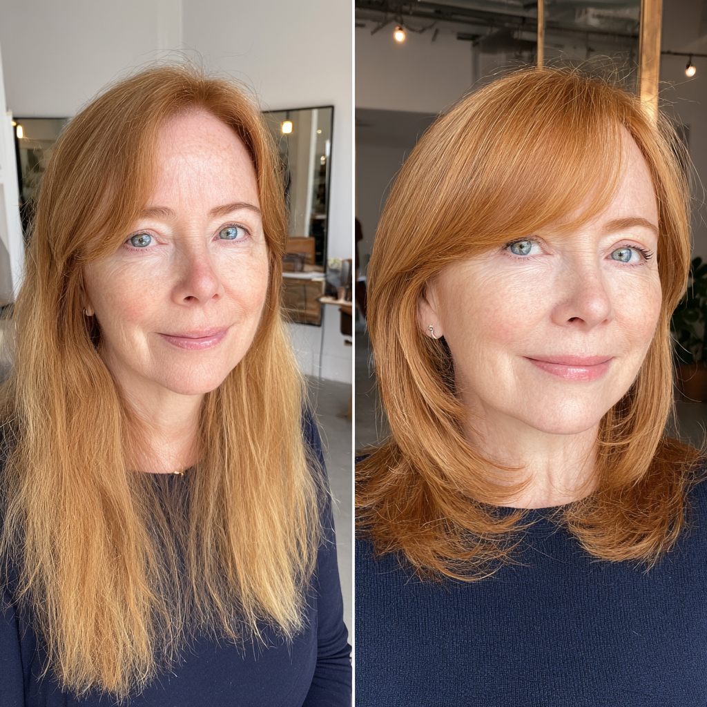 Vibrant Copper Layered Bob with Long Soft Bangs