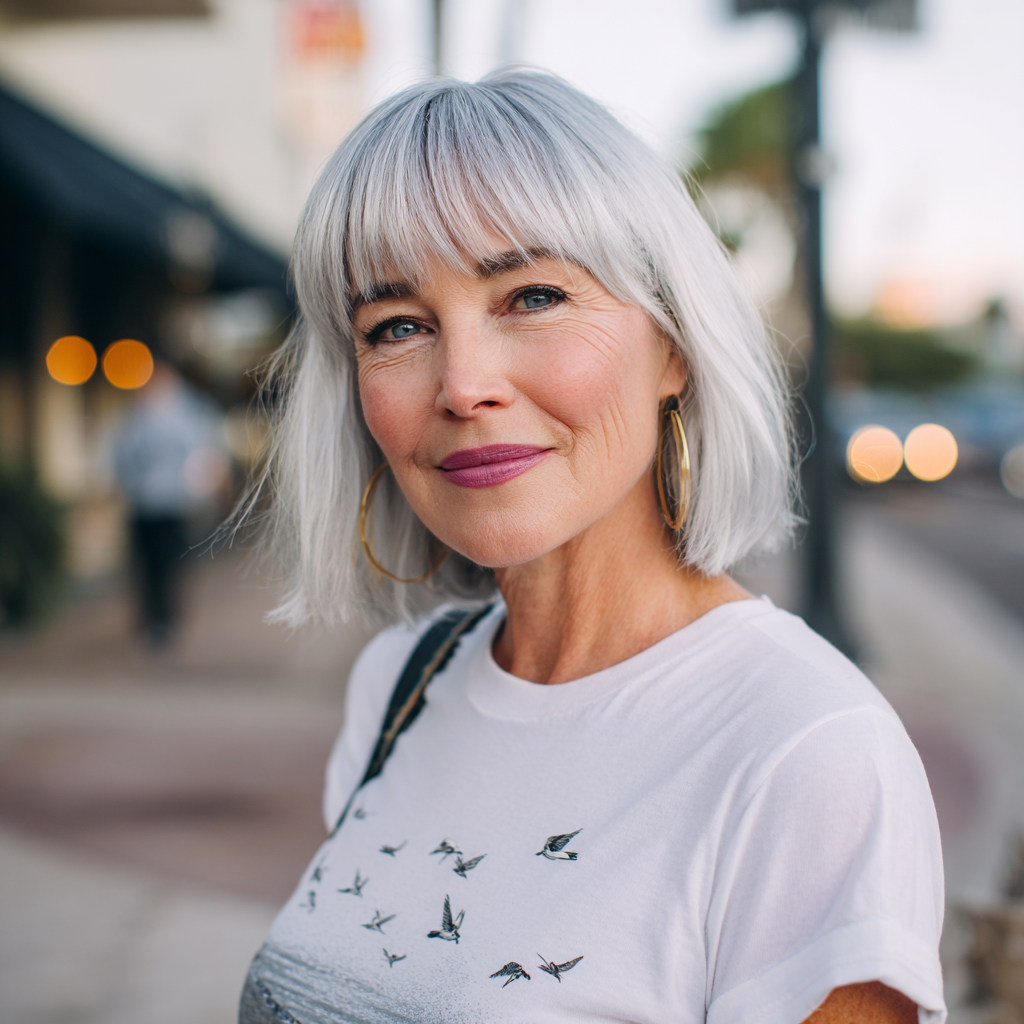 Chic Silver Blunt Cut with Playful Bangs