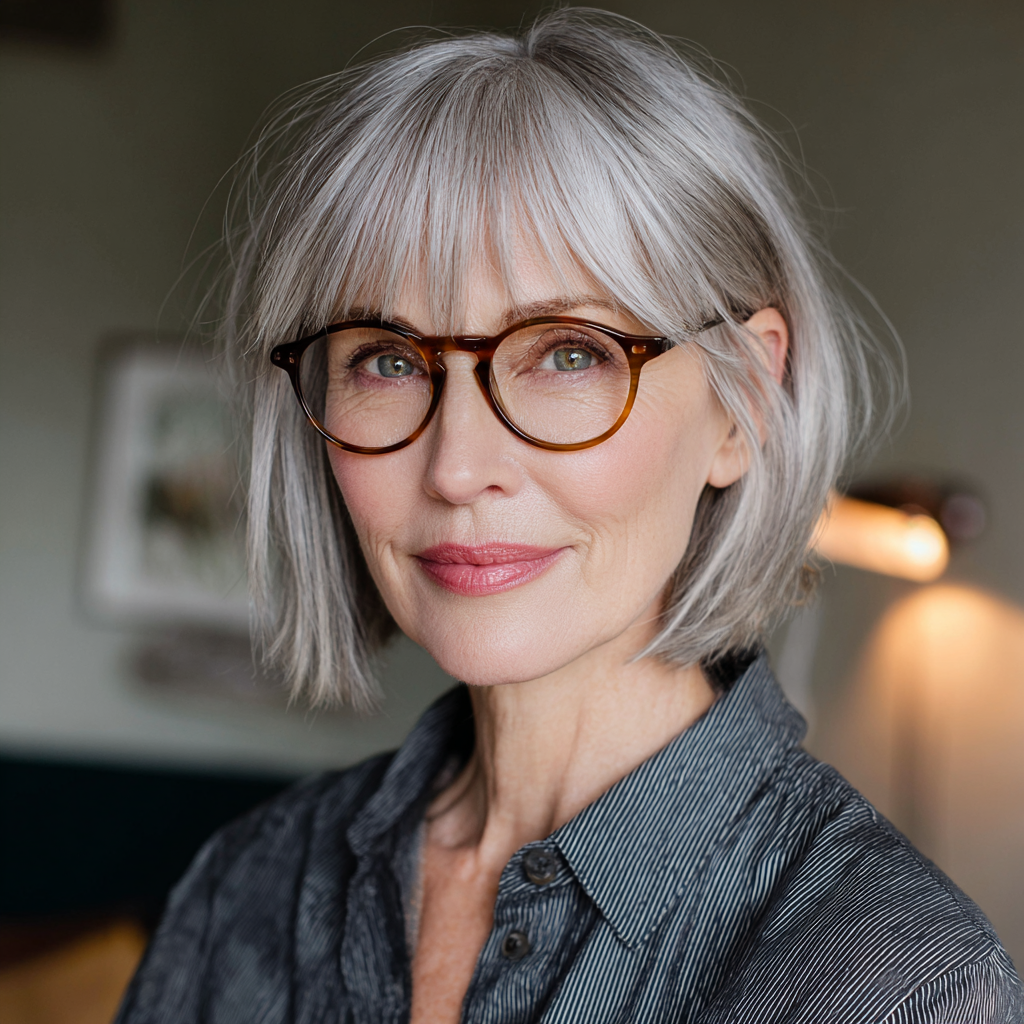 Chic Silver Layered Bob with Soft Bangs