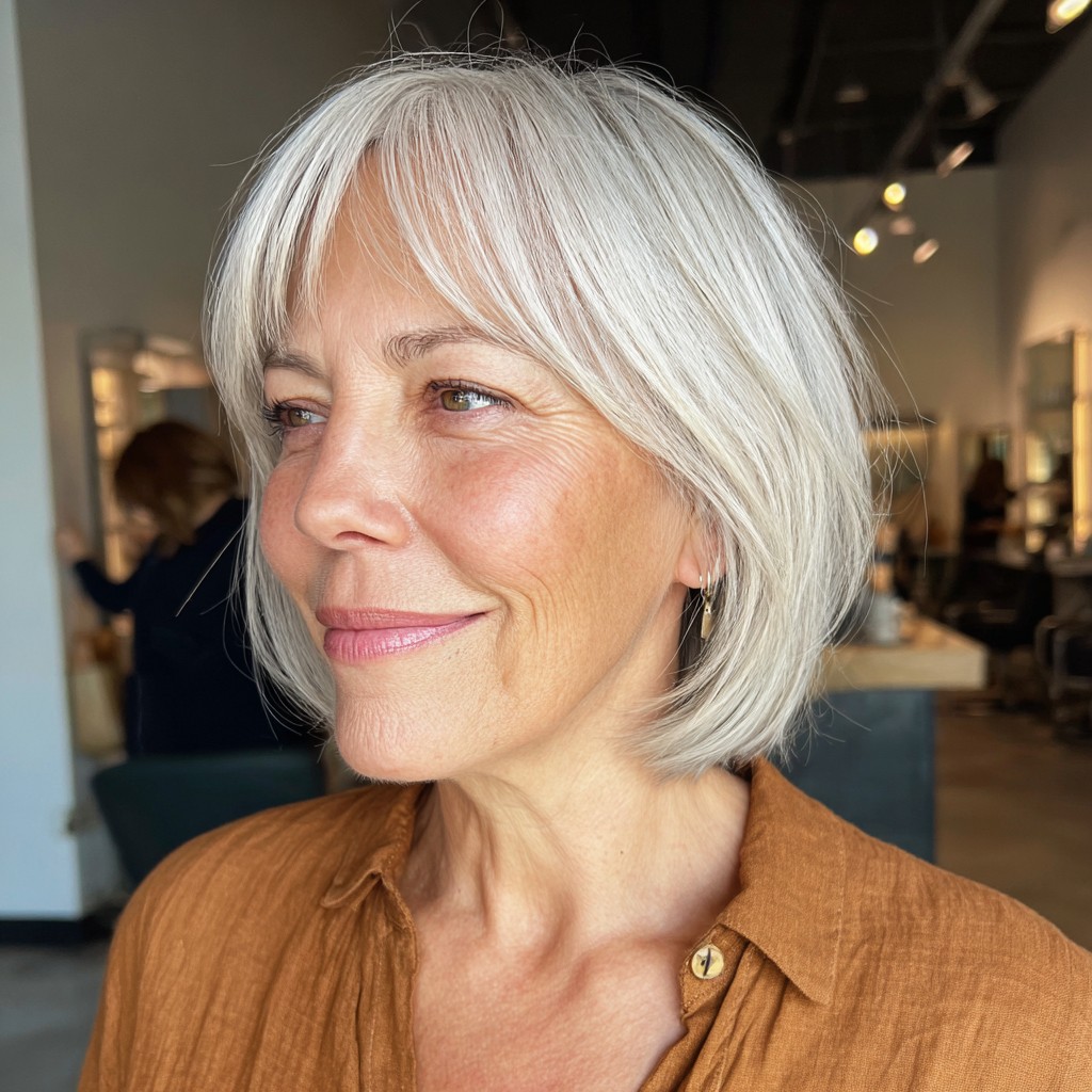 Chic Softly Layered Silver Bob with Face-Framing Bangs