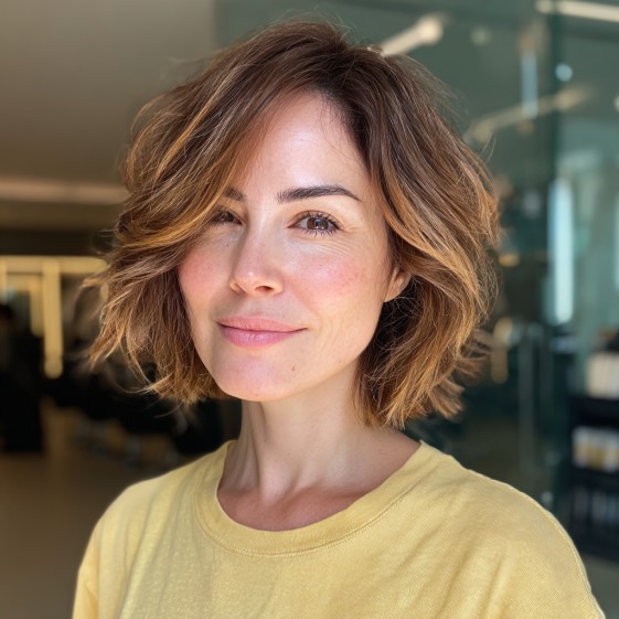 Effortlessly Tousled Textured Lob with Subtle Highlights