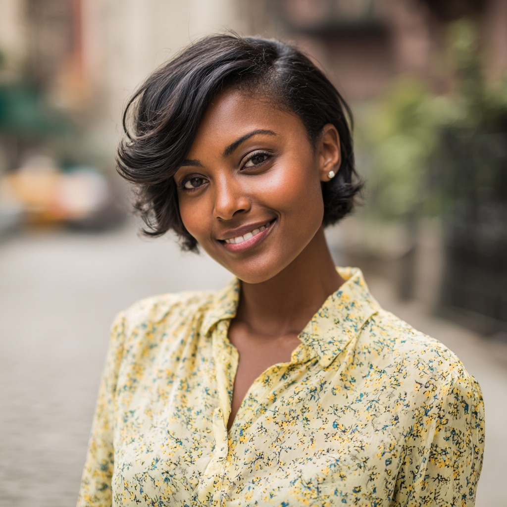 elegant curly bob with side swept bangs