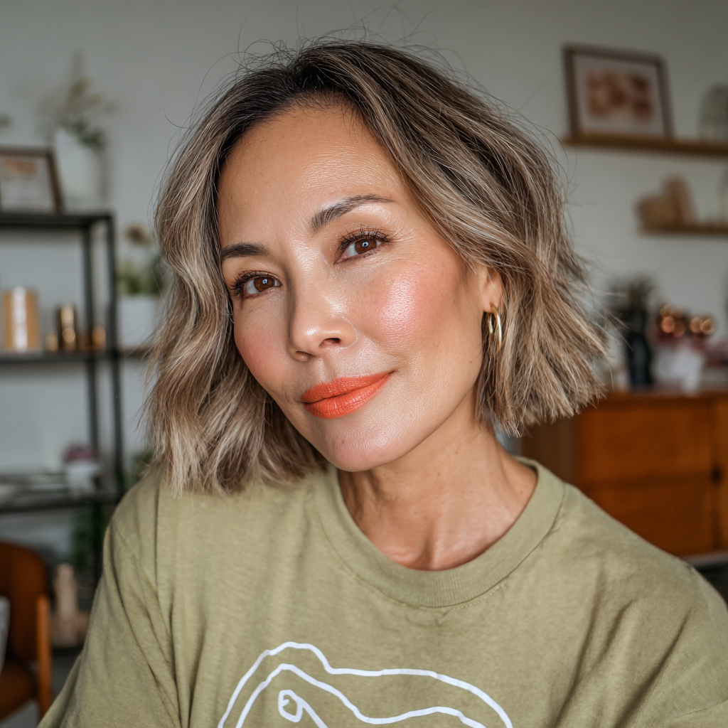 Softly Textured Wavy Bob with Subtle Highlights