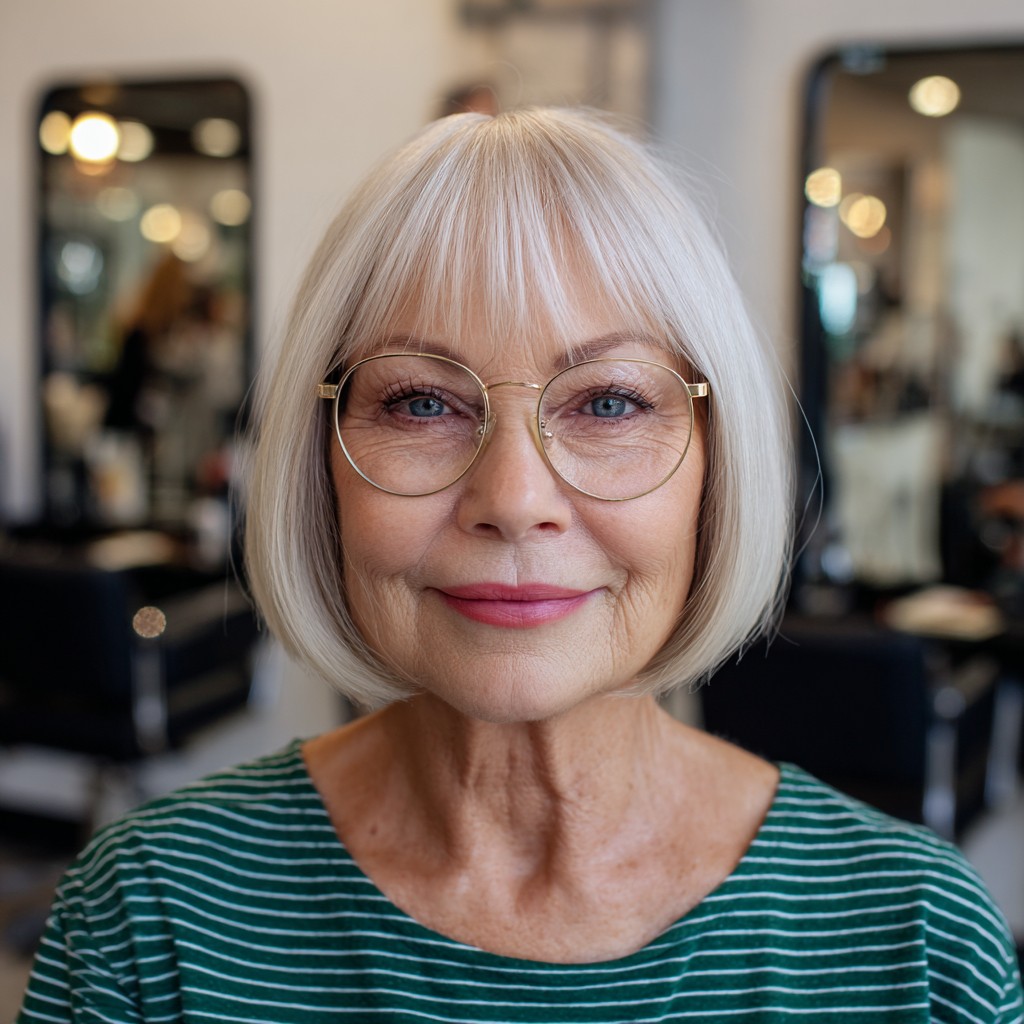 Stylish Silvery Blunt Bob with Soft Fringe