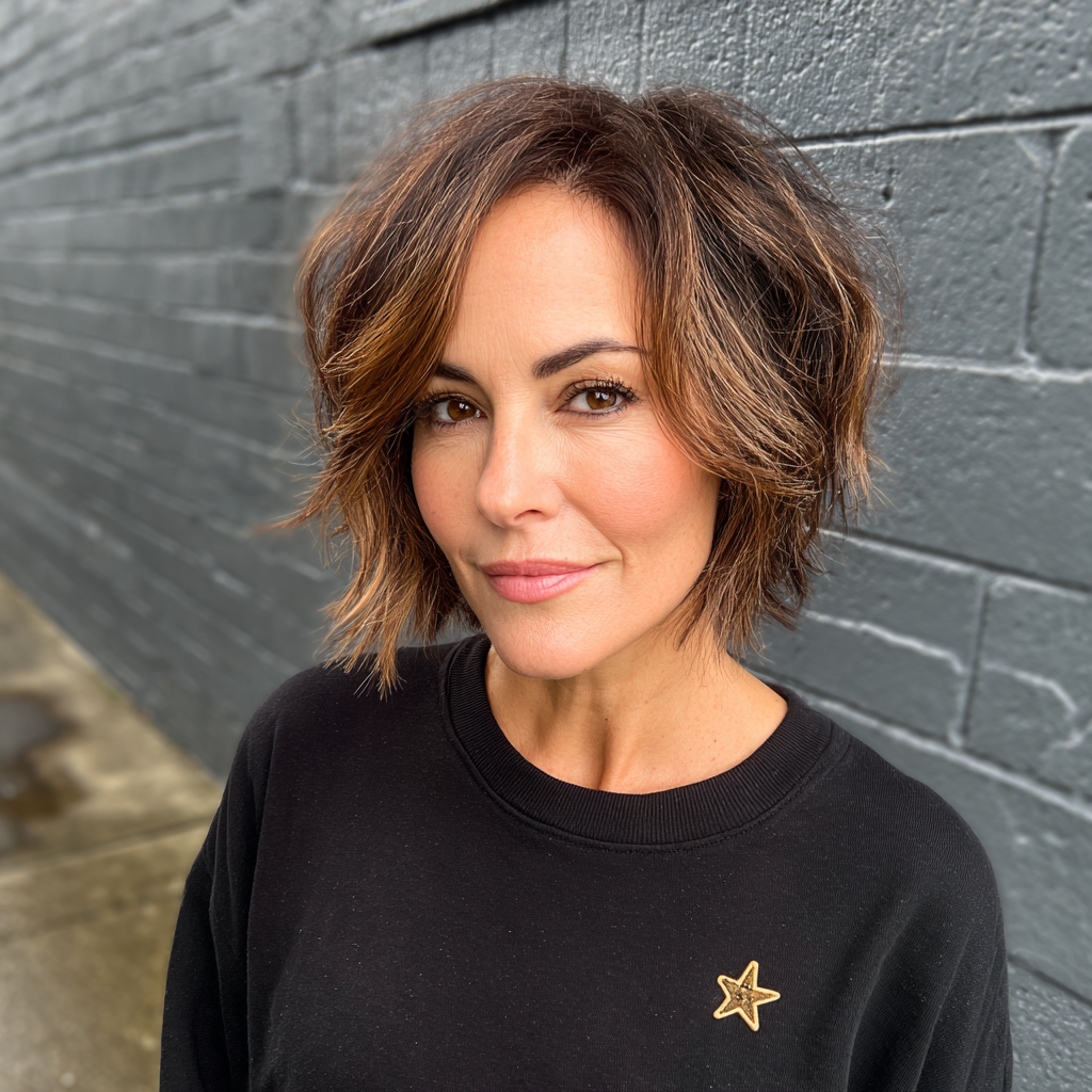 Textured Layered Bob with Soft Caramel Highlights