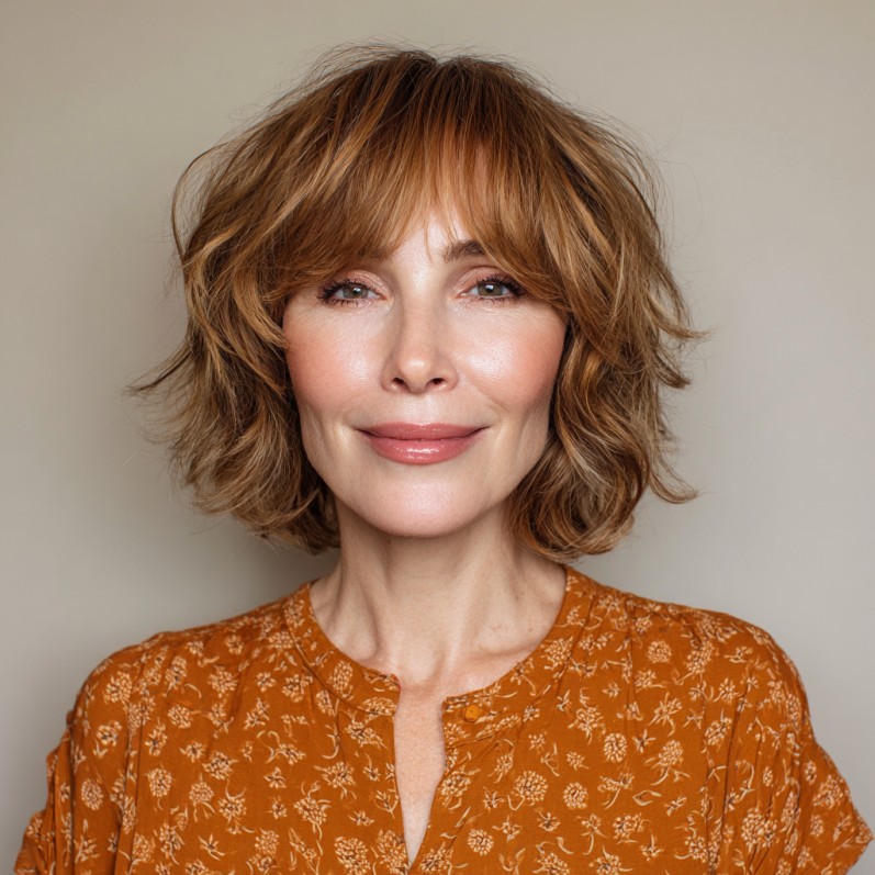 Textured Short Layers with Soft Face-Framing Bangs