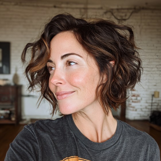 Textured Wavy Bob with Warm Highlights