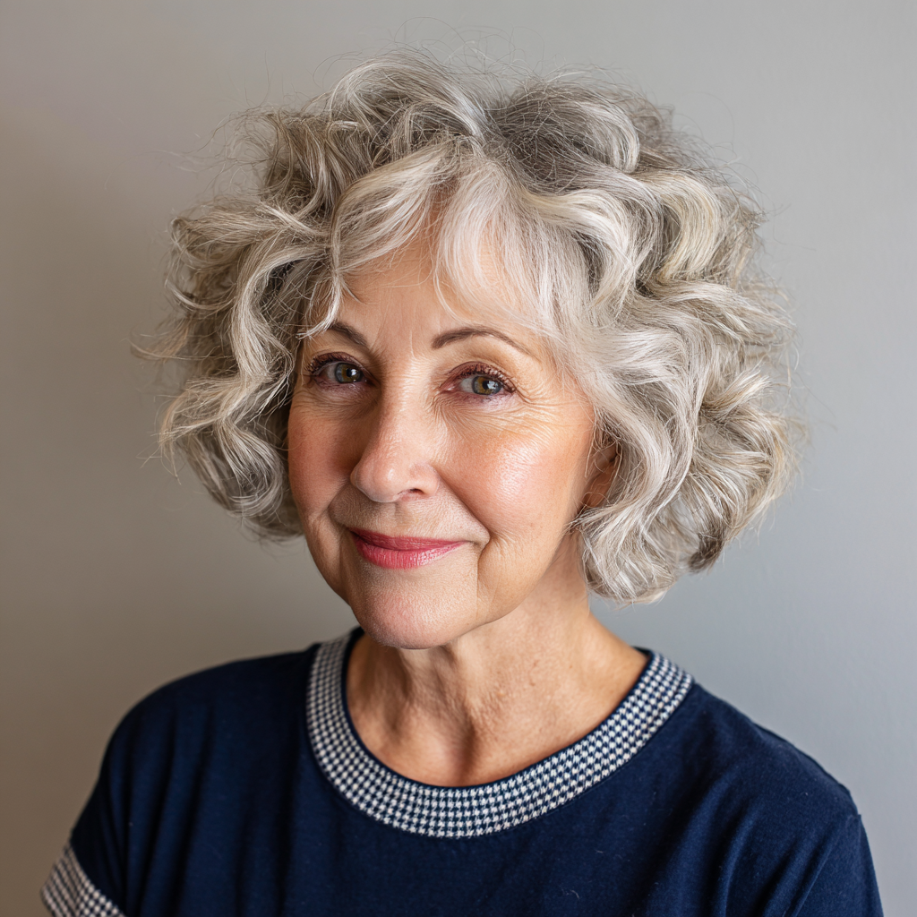 Chic Curly Silver Bob with Soft Volume