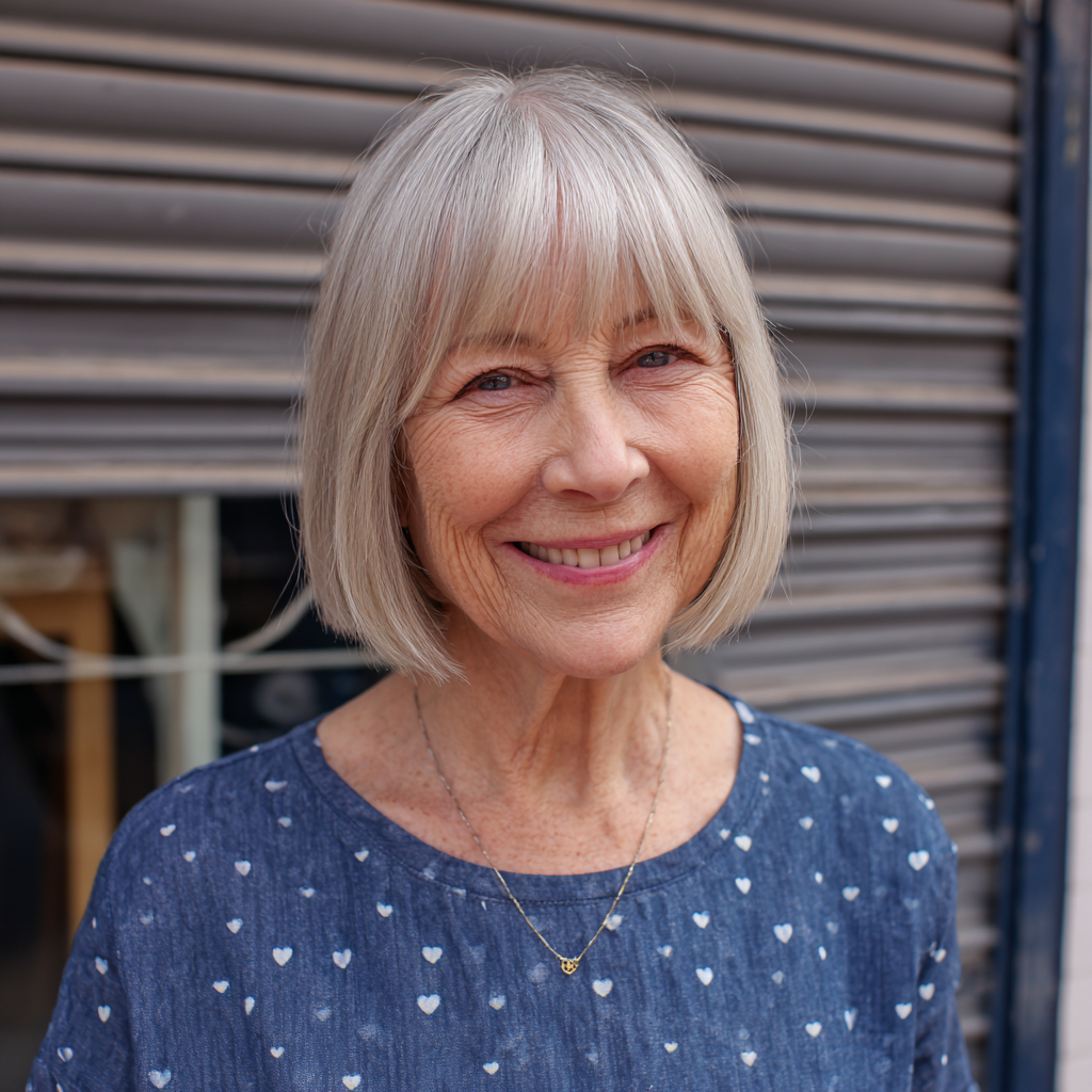 Chic Softly Textured Silver Bob with Blunt Fringe