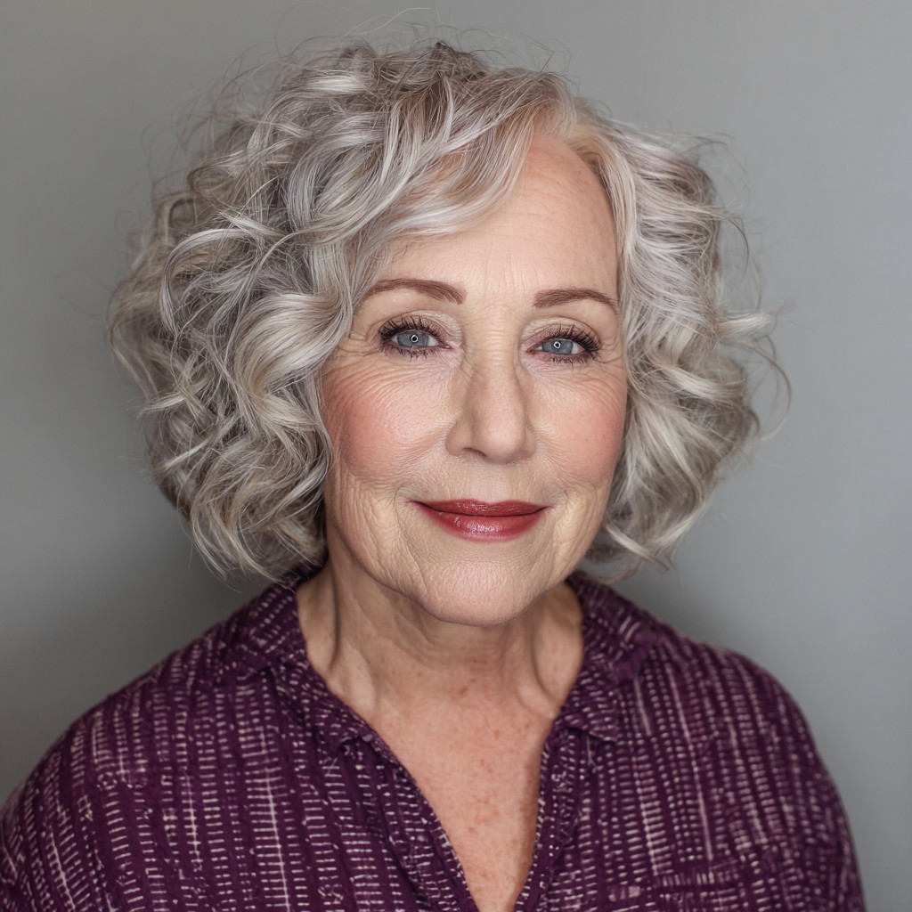 Soft Silver Curly Bob with Textured Layers