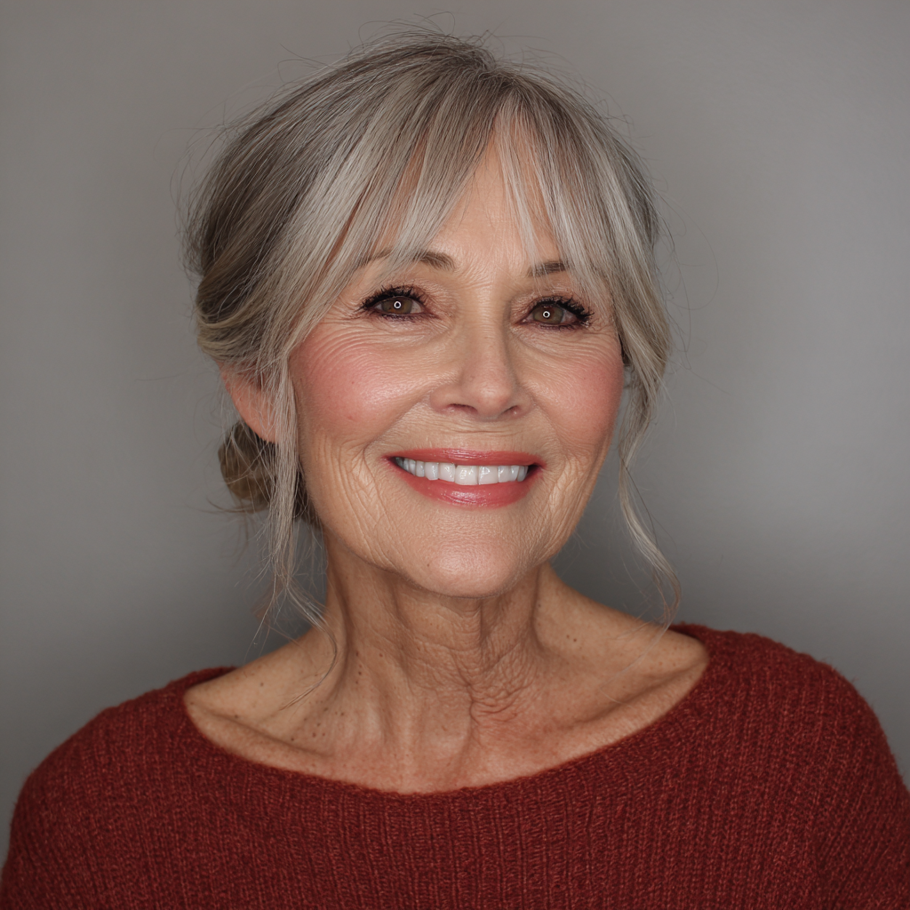 Softly Layered Silver Updo with Face-Framing Bangs