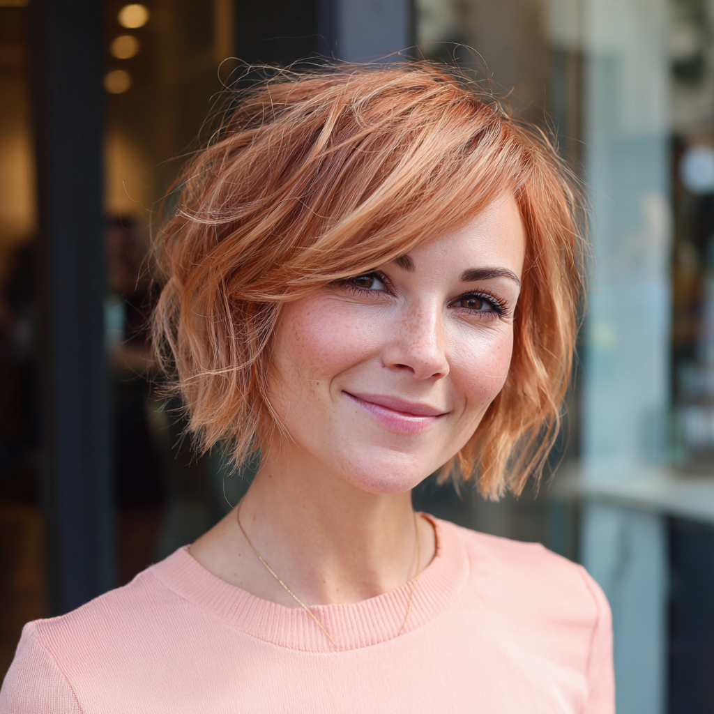 chic soft choppy bob with subtle copper tones