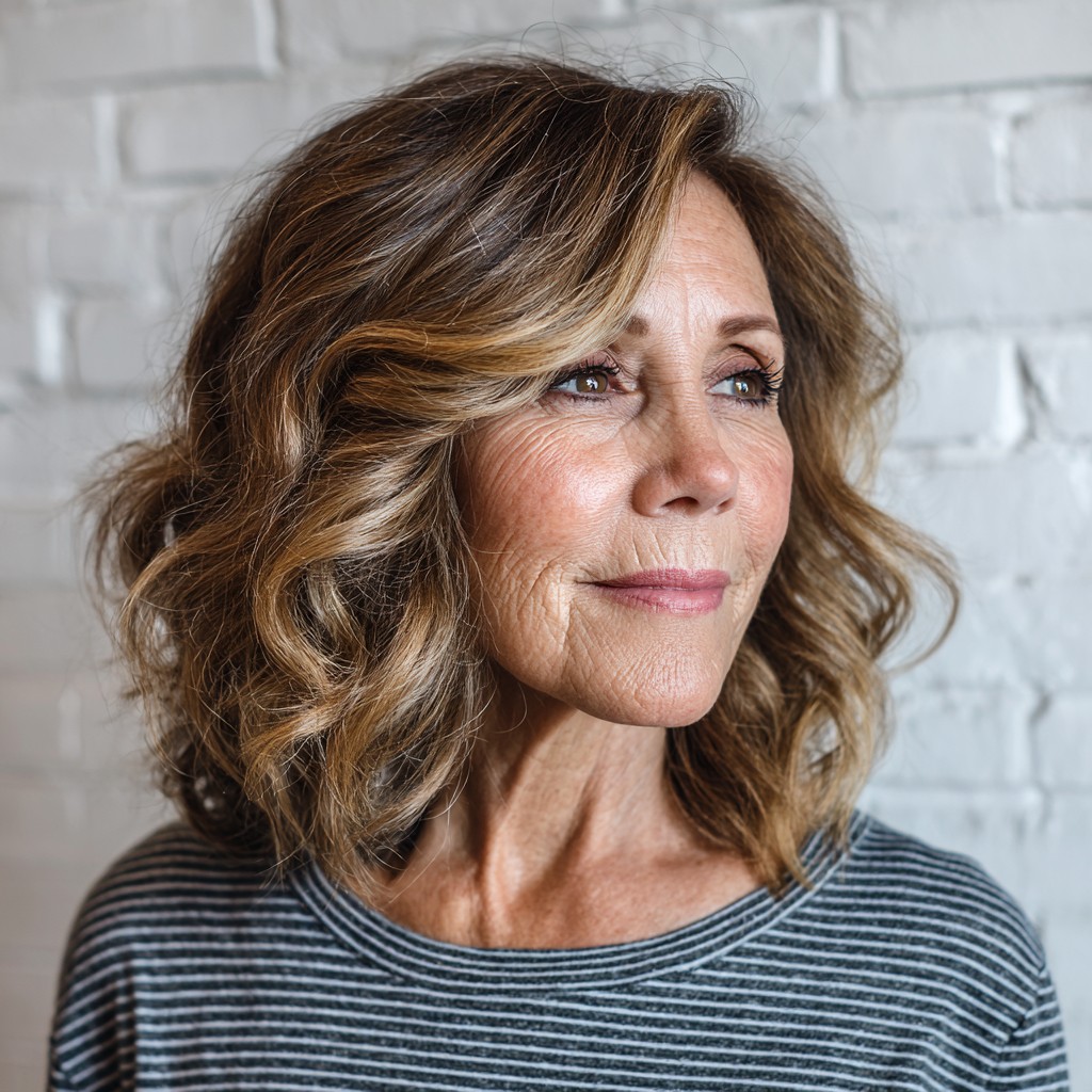 Chic Textured Waves with Caramel Highlights